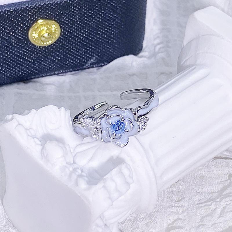 Blue Enamel Oil Drop Flower Bow Star Opening Ring Women'S Niche High-End Light Luxury Ring