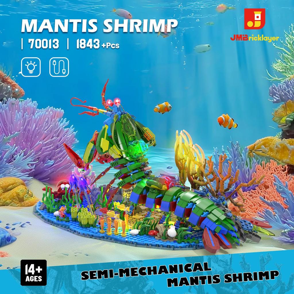 JMBricklayer Mechanic Mantis Shrimp Building Blocks Set with LED Lights, Marine Life 70013, Sea Animal Model with Jellyfish, Crab, and Coral Reef,
