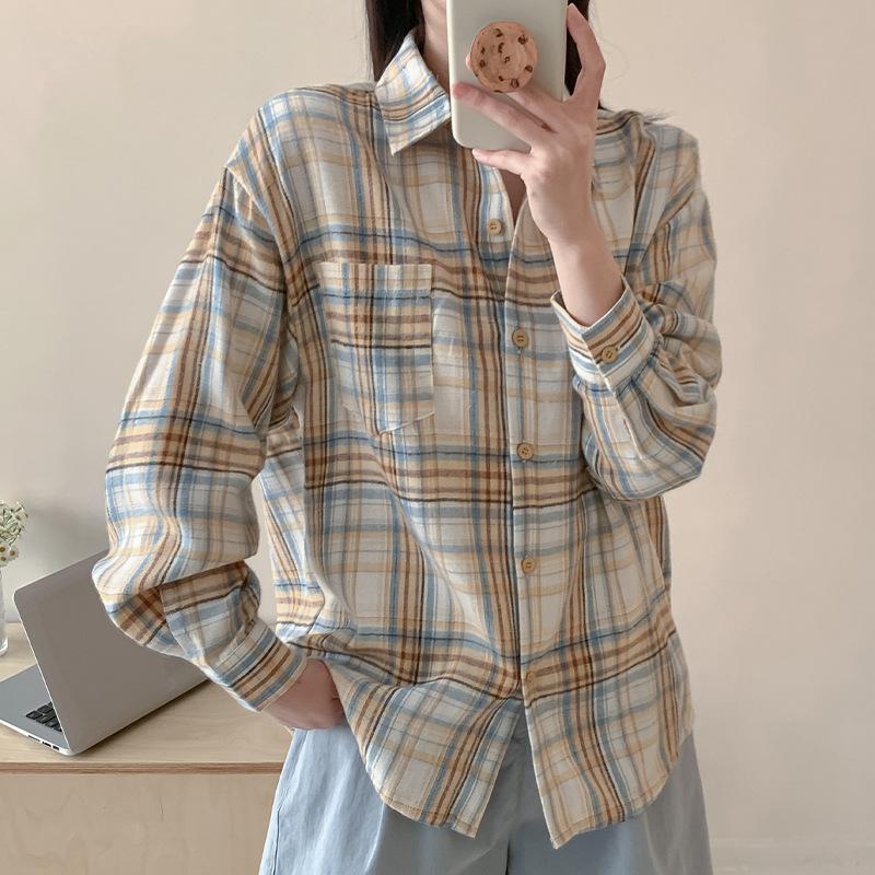 

Осень и Весна Женские Ретро Модные Свободные Рубашки в Клетку с Длинным Рукавом Стильного Дизайна L абрикосовый