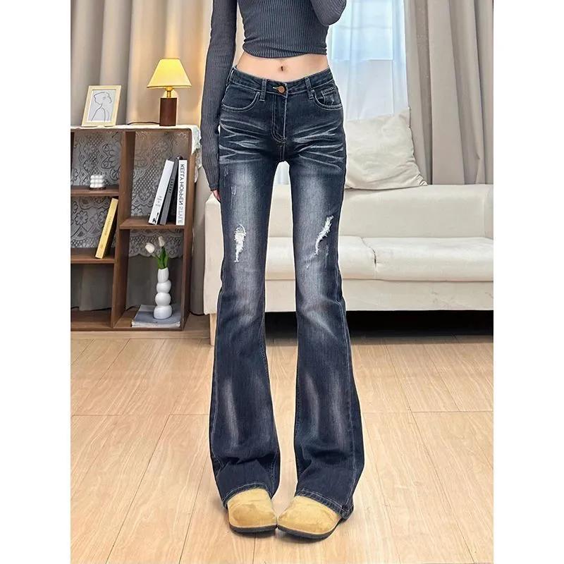 

Женские винтажные потертые джинсы-клеш с высокой талией, узкие, эластичные, джинсовые брюки, модная уличная одежда, джинсы-клеш S синий