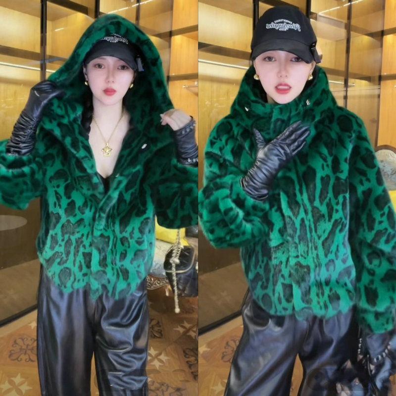 

Осень и зима новая имитация норкового меха леопардовый принт меховая куртка с капюшоном хлопковая одежда утолщенное модное пальто 2XL-150--85kg