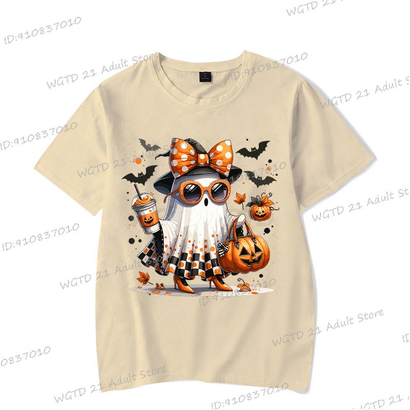 Cute Halloween Boo and Pumpkin Print Tshirt Women Men Spooky Season Short Sleeve T-shirts Halloween Ghost Harajuku Streetwear
