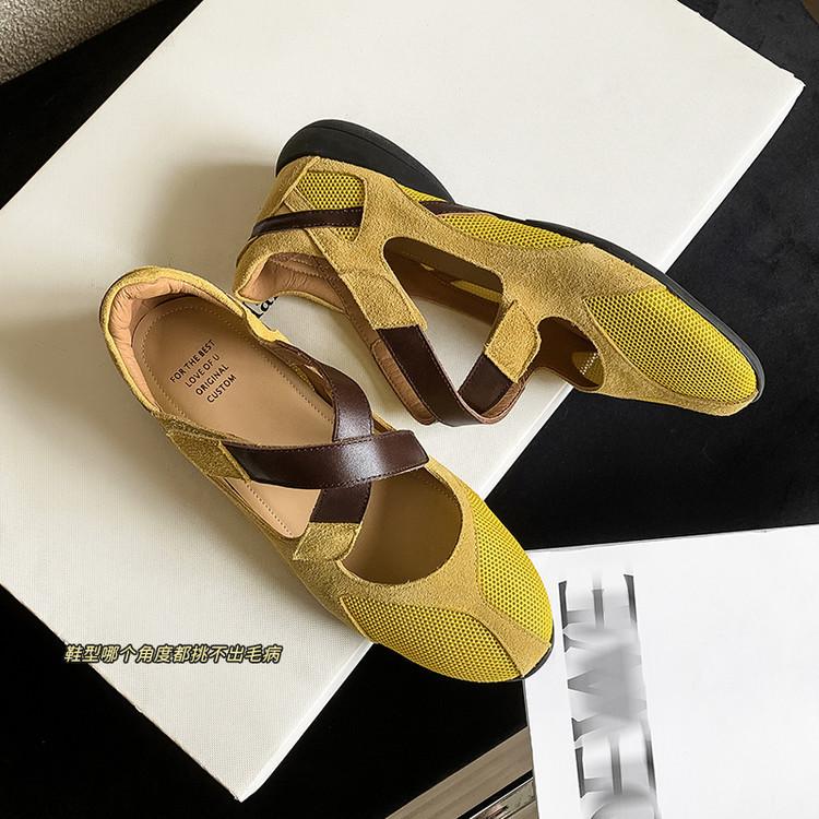 

2025 spring and autumn new color matching cross belt flat bottom shallow mouth single shoes Mary Jane shoes ballet shoes cowhide German training sho 39 жёлтый