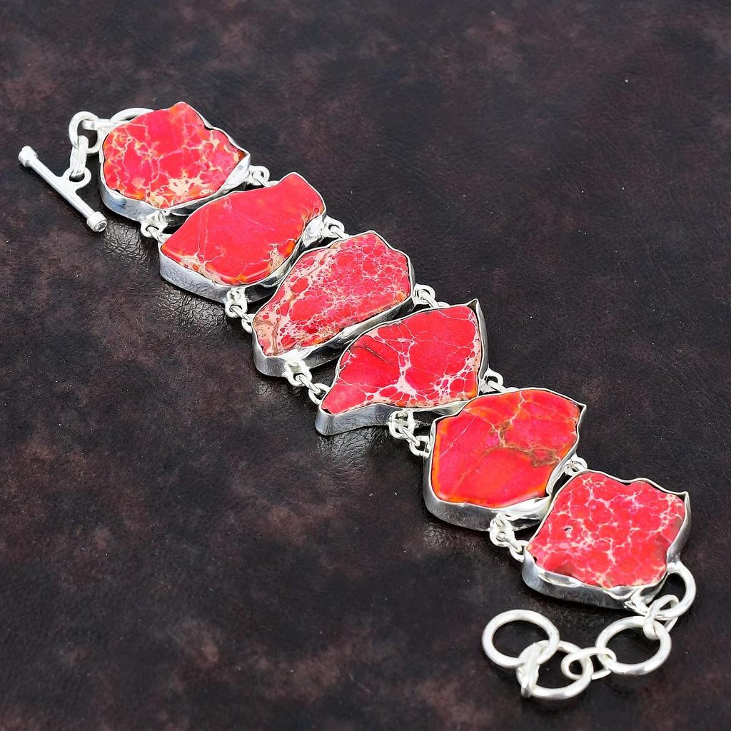 Red Sea Sediment Jasper Bracelet Handmade Gemstone Bracelet 925 Sterling Silver Bracelet Adjustable Chain Bracelet Boho Jewelry Gift For Him