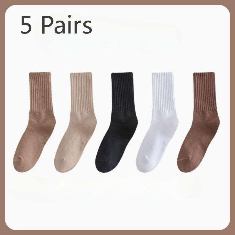 5 Pairs of Trendy and Versatile Solid Color Mid-length Stockings with High Appearance Level for Autumn and Winter Sports and Anti-odor Stacking Socks