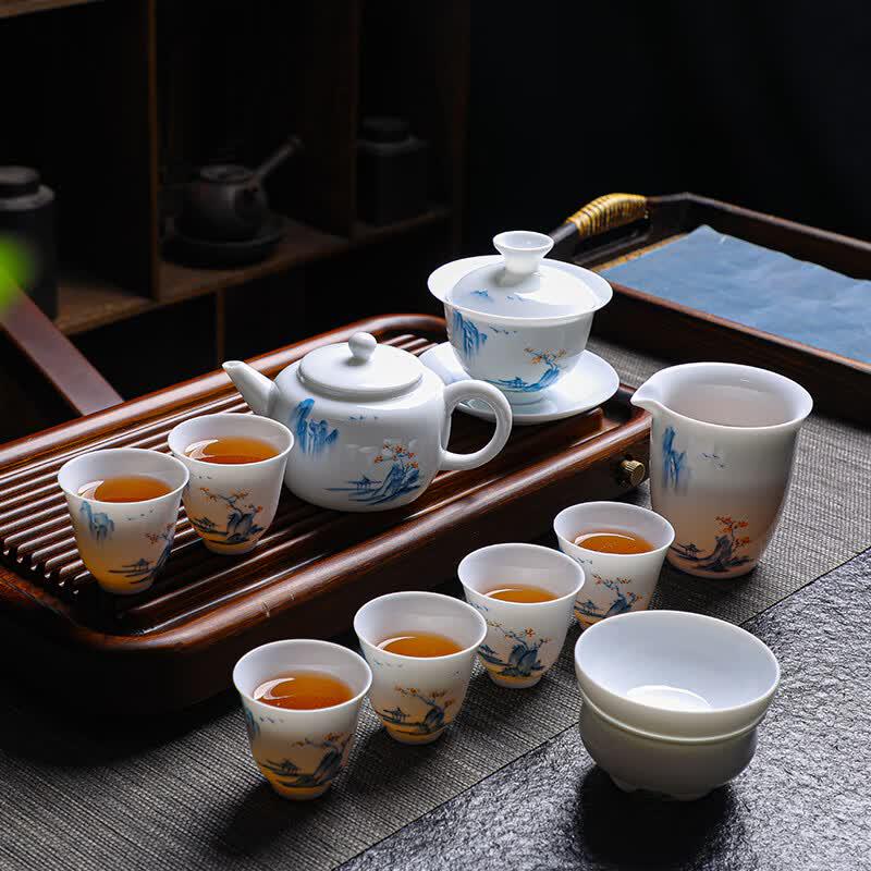 Tuopai Hand-painted 11-Piece Mutton Fat Jade Ceramic Tea Set