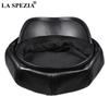 LA SPEZIA Genuine Leather Men Women Newsboy Cap Sheepskin Mens Beret Vintage High Quality Male Female Black Octagonal Cap