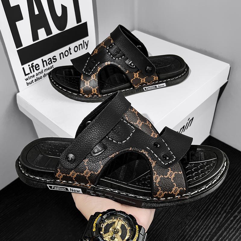 Premium Leather Sandals Summer Fashion Trend New Dual-purpose Driving Foot Cover One-word Drag Men's Travel Beach Shoes