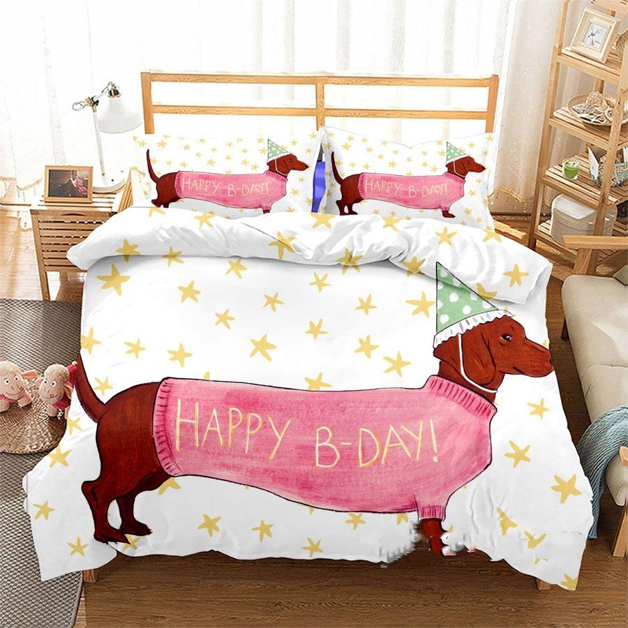 3D Digital Printing Three-Piece Set Cute Funny Dachshund Quilt Cover Pillowcase Bedding