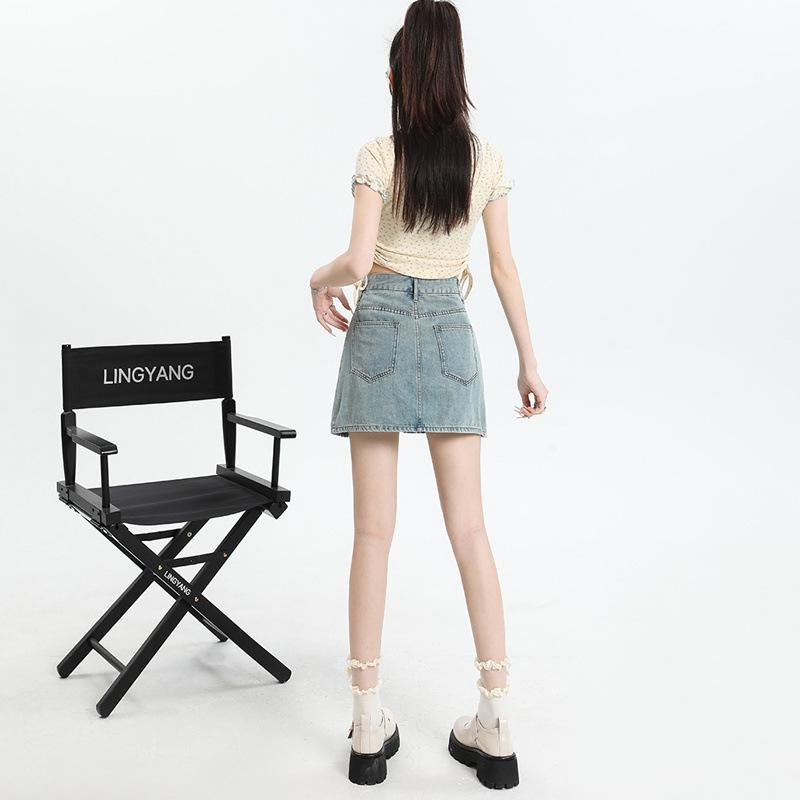 Retro džínová sukně pro ženy na léto Nová sukně s vysokým pasem, slim A-linie, plisovaná, krátká