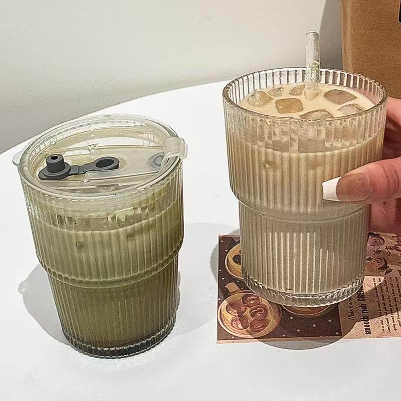 450MLTransparent Glass Coffee Mug with Lid and Straw, Stylish Vertical Stripes Design, Perfect for Iced Americano Latte Milk Tea