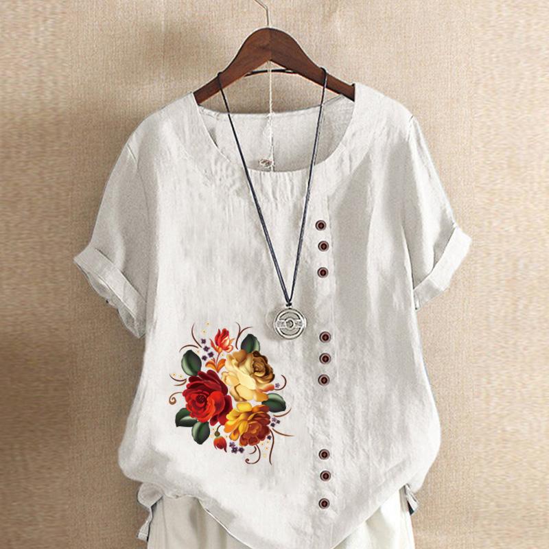 

Женская модная футболка с круглым вырезом и коротким рукавом, повседневная хлопковая льняная рубашка с рисунком, свободная летняя блузка с принтом цветов и растений для отдыха, топы больших размеров XXXXL белый
