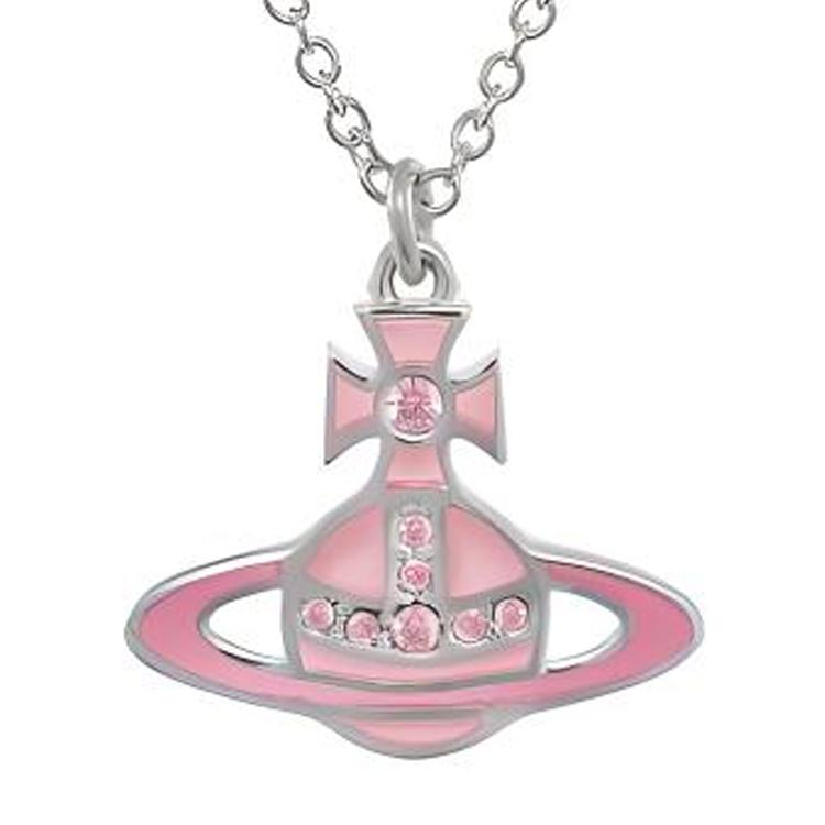 VIVIENNE WESTWOOD Concetta Pink Glazed Saturn Pendant Brass Enamel Crystal Metal Necklace Women Necklace Silver 630203F0-02P524