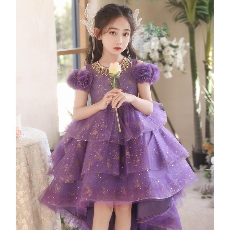 Kids Purple French Princess Evening Gown, Girls Host Wedding Flower Girl Piano Dress