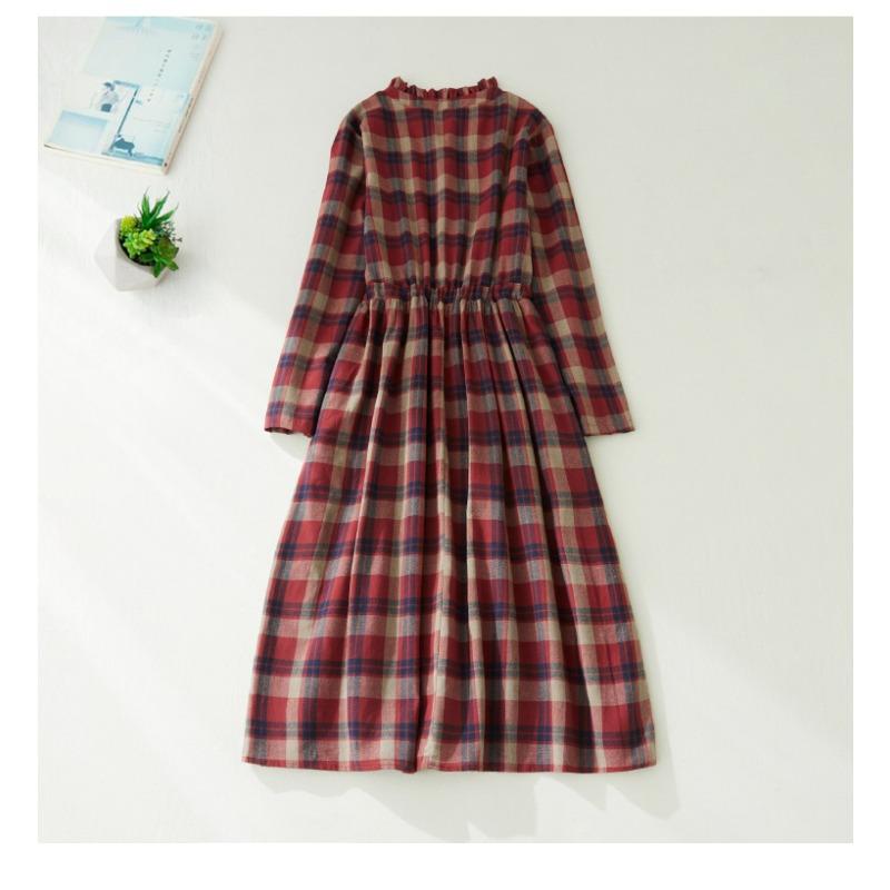 Herbst Plus Retro Taillenbetonendes Schlankmachendes Schnürkleid in Midi-Länge mit Karomuster für Damen Freizeitkleider