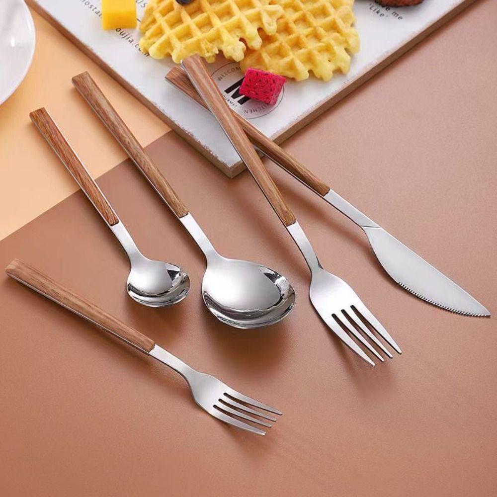 Simplicity Stainless Steel Spoon Fork Knife Wood Grain Portable Steak Knife Western Tableware Thickened Dessert Spoon