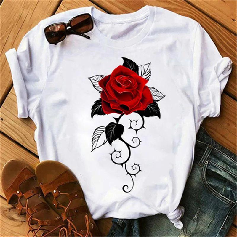 Women's T-shirt Fashion Creative Flower Printed T-shirt Casual T-shirt Short Sleeve Women's T-shirt
