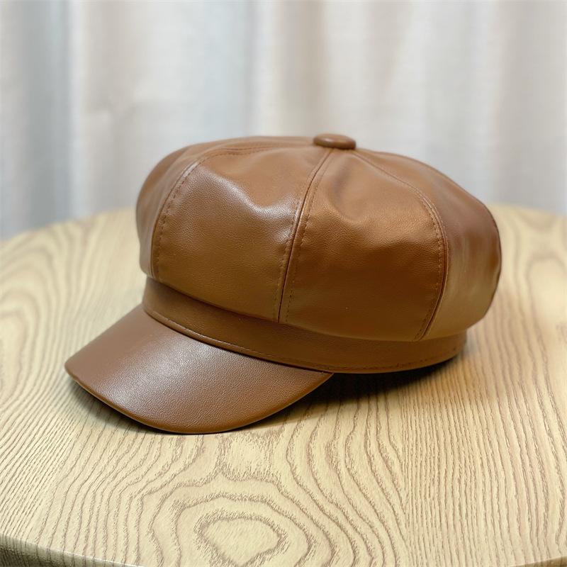 Autumn and Winter Women's Big Head Octagonal Hat Leather Painter's Hat Korean Version PU Large Peaked Cap British Versatile Beret Men's Winter