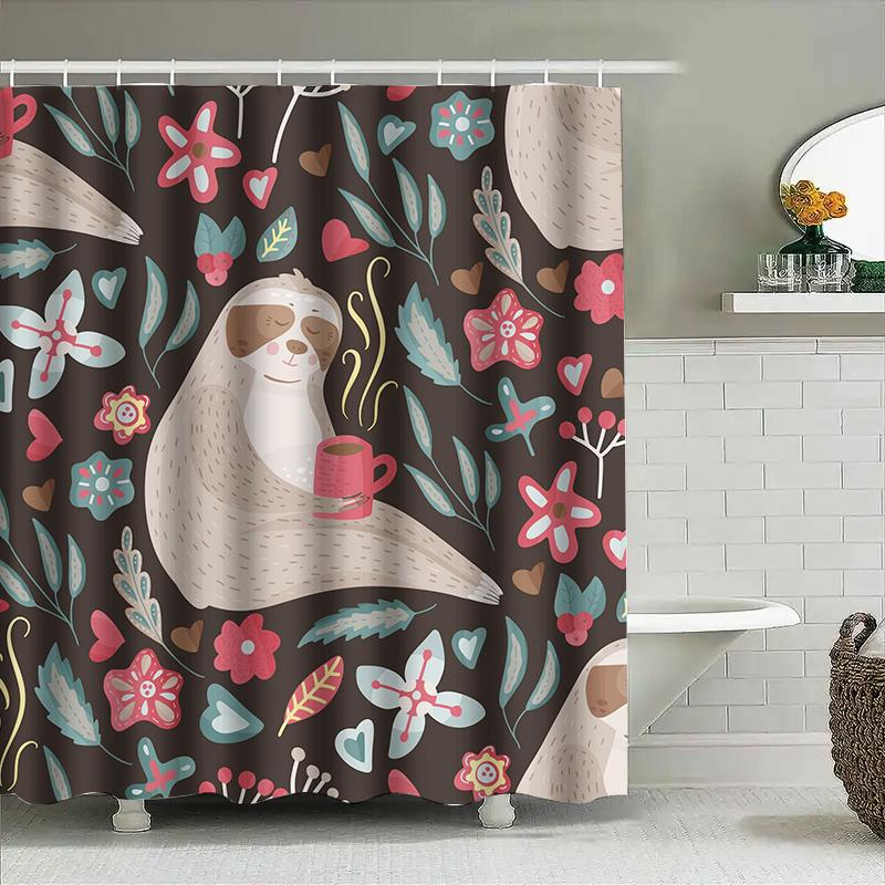 

Artistic Shower Curtain Multicolored Floral Pattern With Sloth Design For Bathroom Decor In Various Sizes Modern Home Decoration W60H190(CM)-1 Pcs