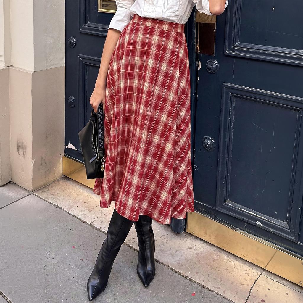 Women's Vintage Plaid High-Waist A-Line Casual Midi Skirt