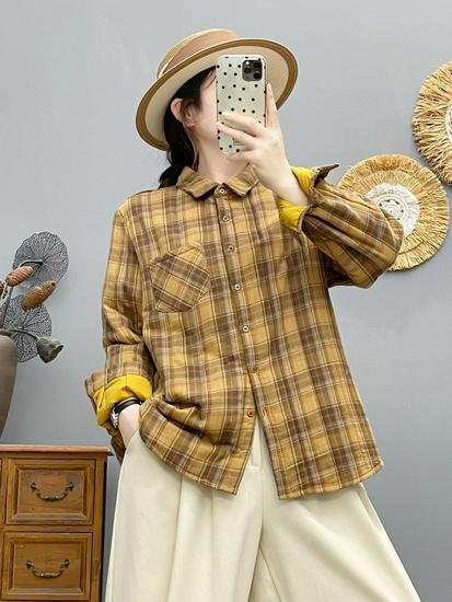 2025 Women's Autumn/Winter Artistic Casual Quilted Plaid Cotton Shirt - Loose, Versatile, Long Sleeve Top