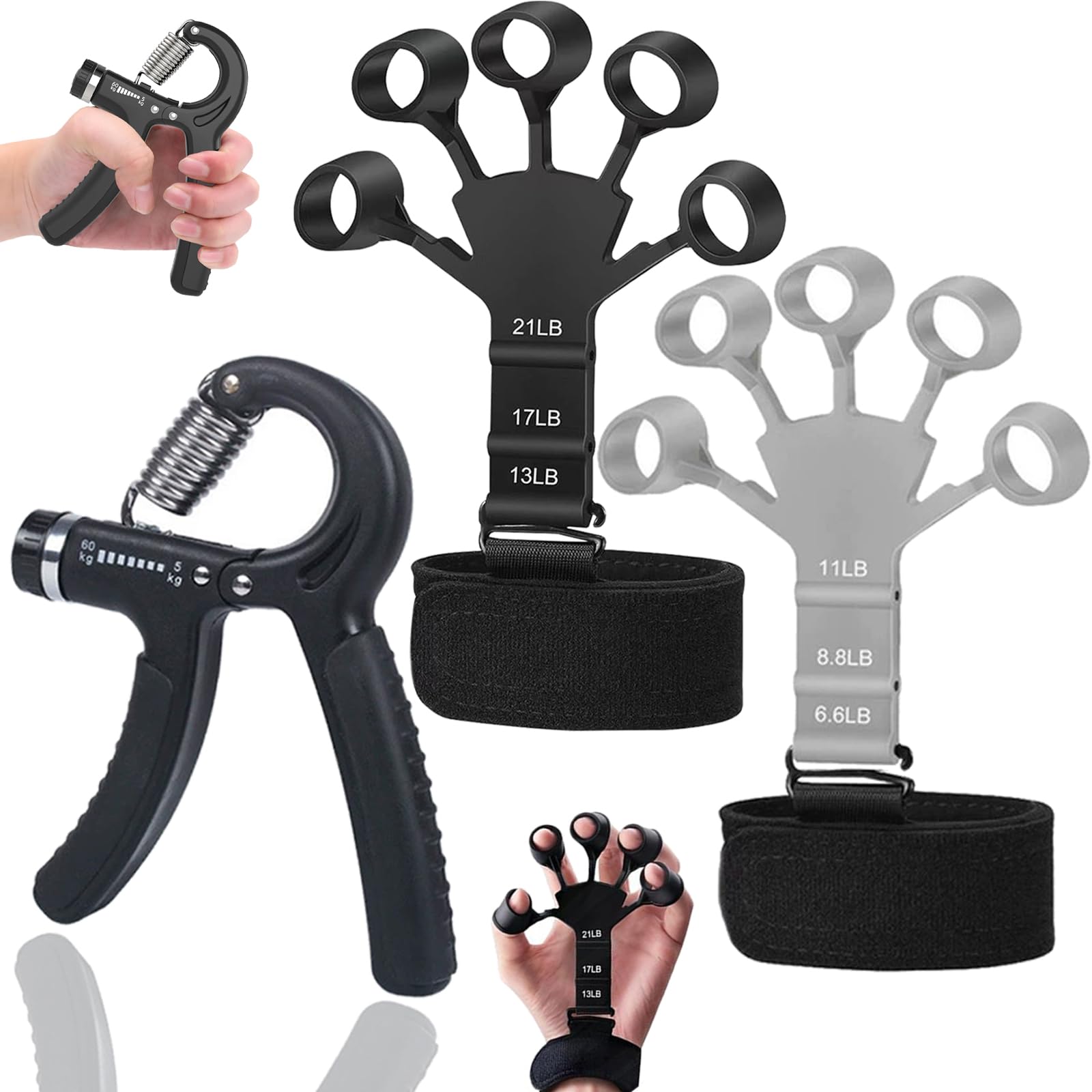 

Yasoku набор из 3 пальцев, силовой тренажер для пальцев, сила захвата, 6 сопротивлений, регулируемый растяжитель для левого и правого пальцев, захват для пальцев чёрный