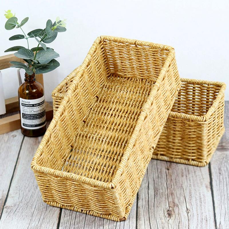 1Pc PP Removable Hand-woven Practical Storage Basket Simple Storage Case Desktop Organizing Box Imitation Rattan