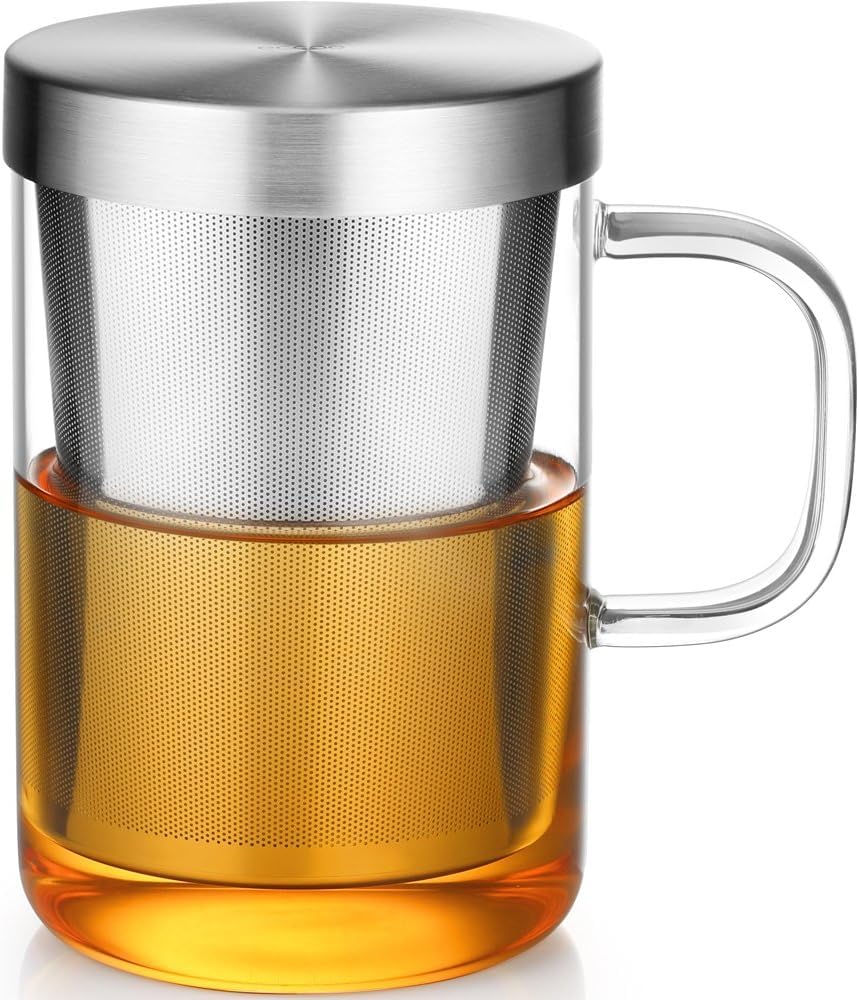 Ecooe 500ml Teacup, Strong Tea Strainer, Heat-Resistant Glass Mug with Lid, Clear Black Tea Mug, Suitable for Chinese Tea, Japanese Tea, Tea Bags,