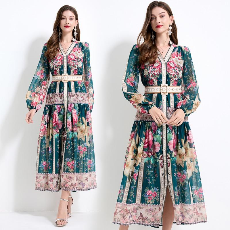 Summer Autumn Women V-neck Vintage Print Chiffon Runway Dress Single Breasted Long Maxi Oversize Vacation Beach Dresses with Belt