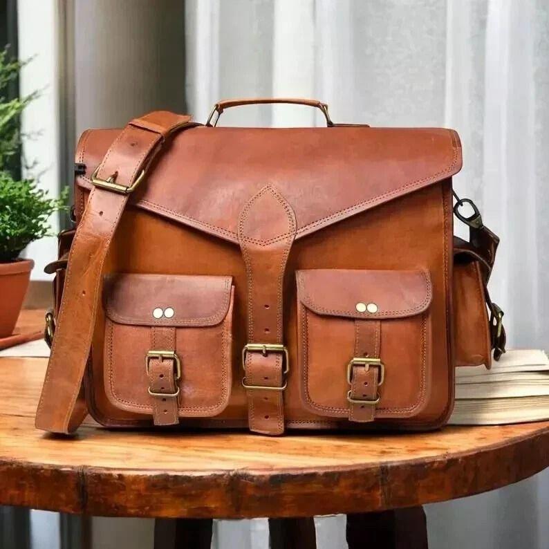 

Полностью изысканный портфель через плечо Сумка для ноутбука Кожа Мужской Натуральная Коричневая Козья 18 x 14 x 6 in