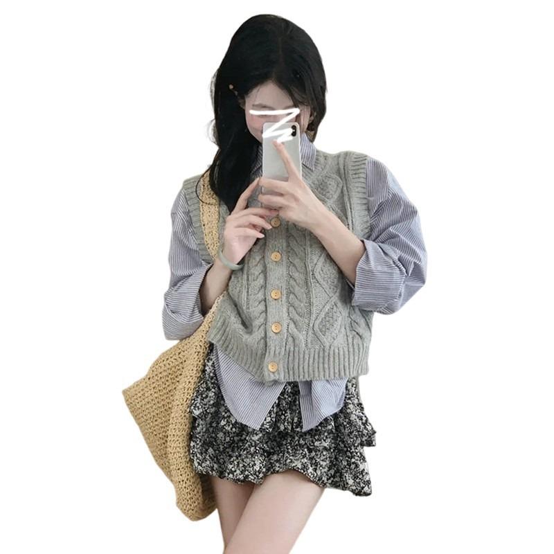 Autumn women's new top retro women's sweater cardigan gray knitted vest women's small
