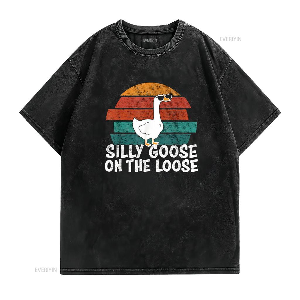 Silly Goose On The Loose T Shirt Vintage Washed Versatile Slightly Top For Everyday Wear Streetwear Graphic Casual Stretched