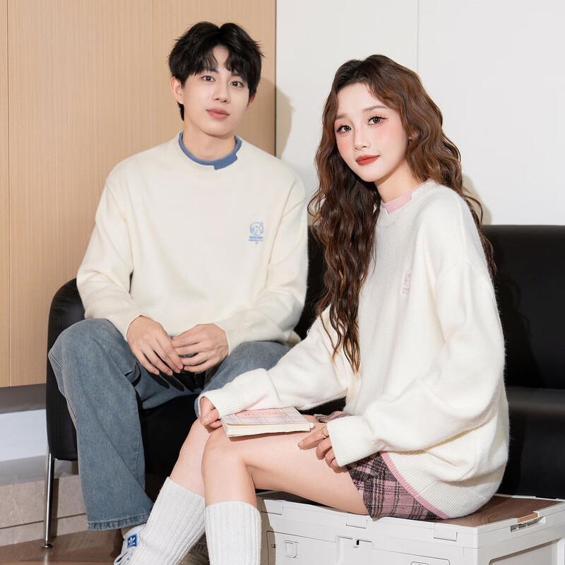 TonLion 2024 Couple's Crew Neck Faux Two-Piece Sweater