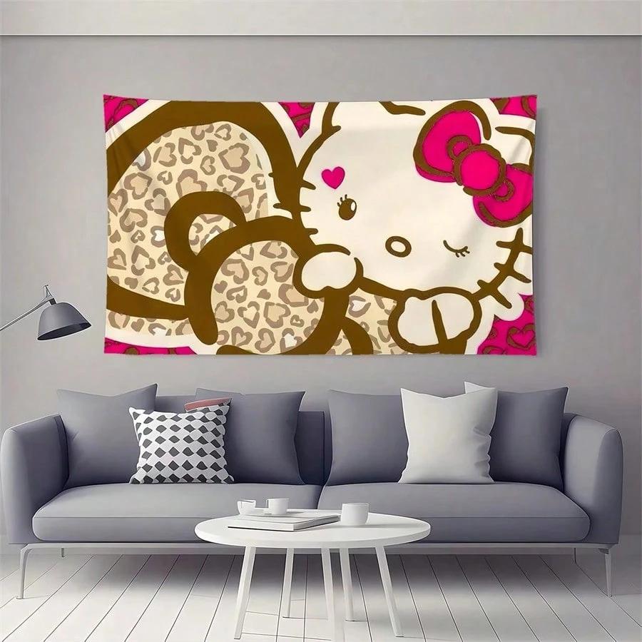 1pc Hello Kitty Leopard Print Tapestry Polyester 2D Flat Wall Hanging for Bedroom Living Room All Season Home Decor Gift
