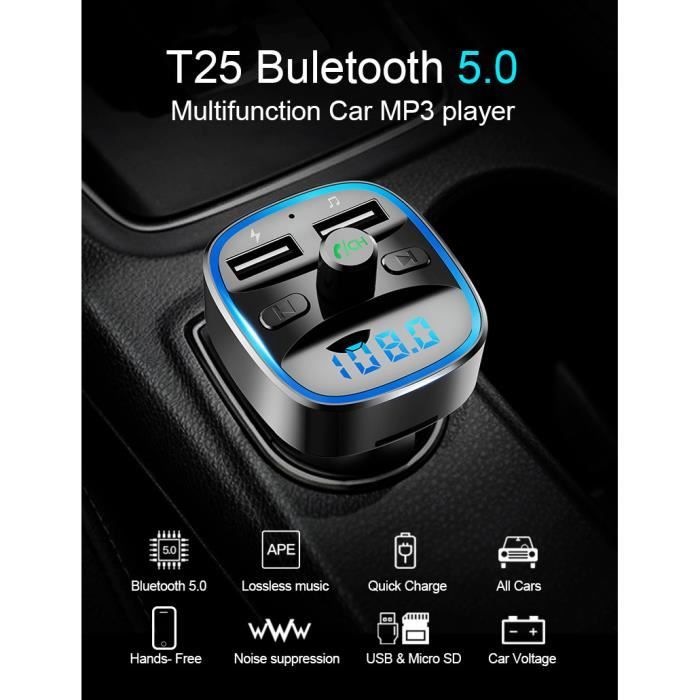 Transmetteur FM Bluetooth - PRUMYA - T25 - Noir - Microphone intégré - Sans fil