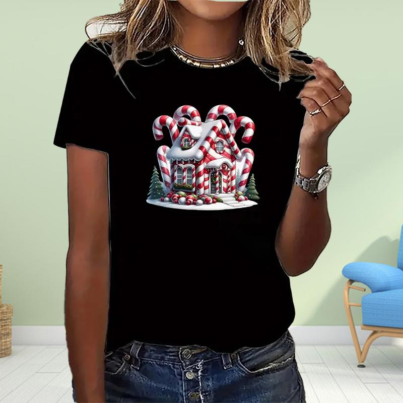 

Модная женская креативная футболка с принтом «Рождественский домик», забавная повседневная футболка с круглым вырезом и короткими рукавами, летняя женская футболка 8XL чёрный