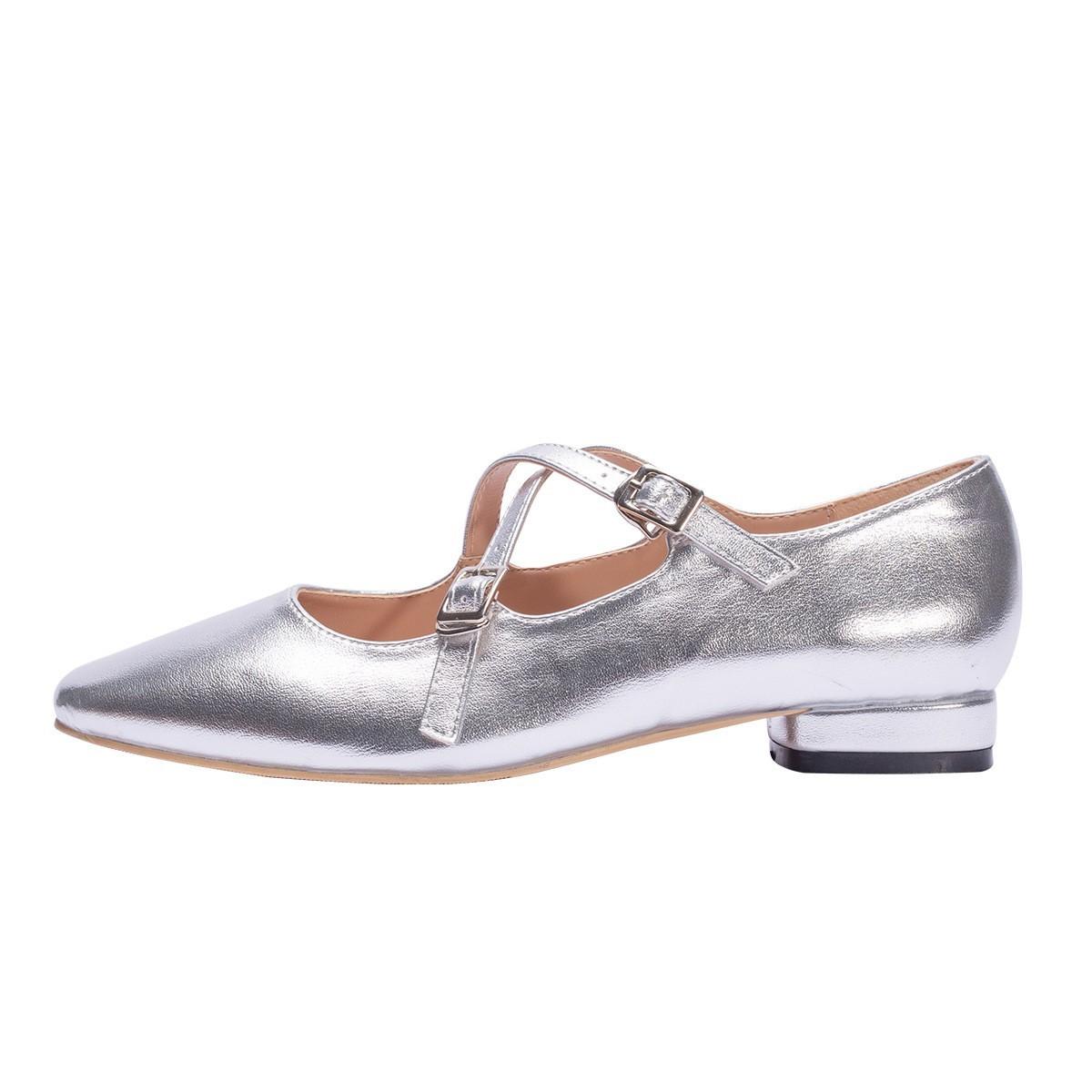 

Серебристые туфли Мэри Джейн, универсальные новые балетки на низком каблуке с острым носком для весны и лета, женские с перекрестной пряжкой 35 серебряный