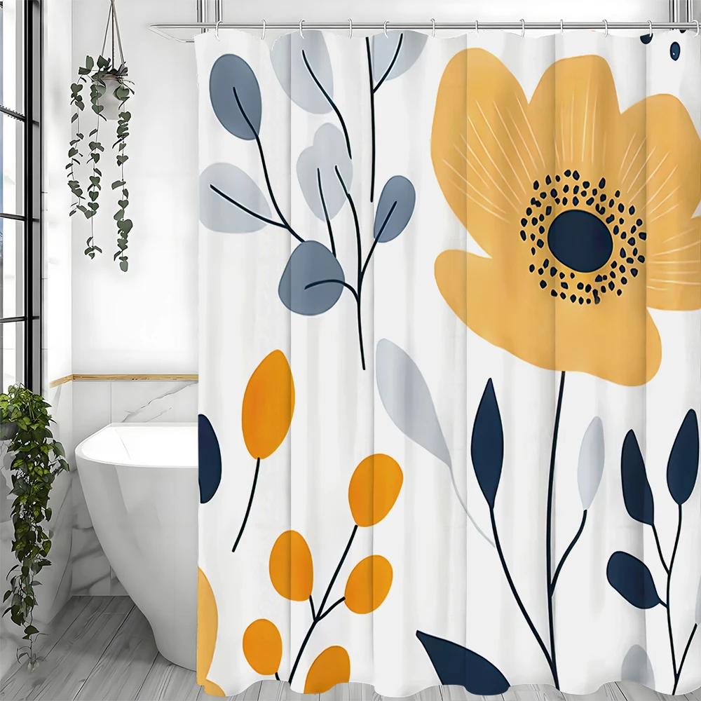 Flat Wind Floral Shower Curtain, Bathroom Decorative Shower Curtain, Waterproof Shower Curtain with Hooks
