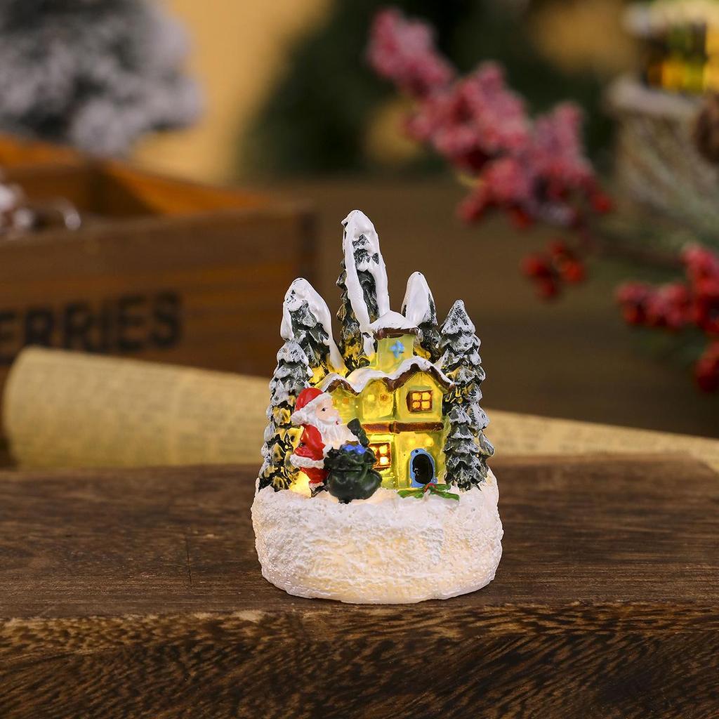 Glowing Resin Christmas House with Santa & Snowman Ornament