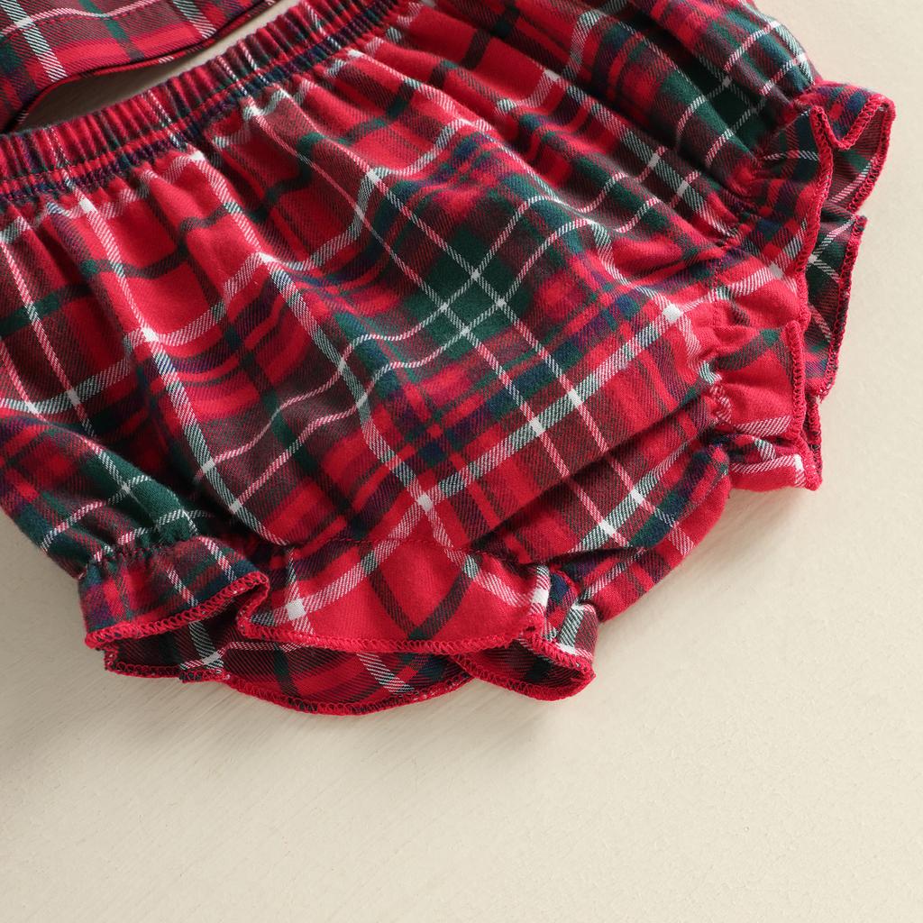 Citgeett Summer Christmas Infant Baby Girl Outfit Flying Sleeve Plaid Tops Bloomer Shorts Xmas Clothes Set