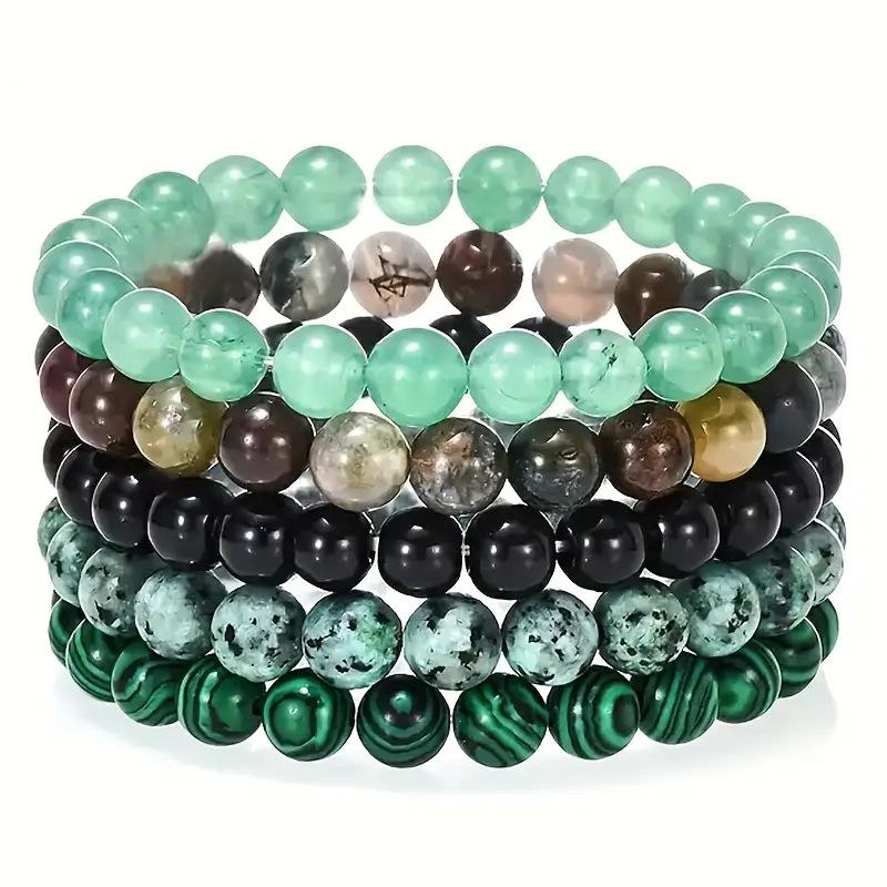 1 Set Vintage Men's Multi Bracelet Set Round Natural Stone  Colorful  Agate Crystal  Women Perfect for Boho Party