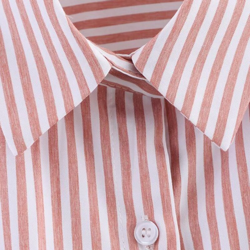 Kaslead New Women clothes Western Style Fashion Simple Long sleeve Loose Lapel Single Breasted Stripe Shirts