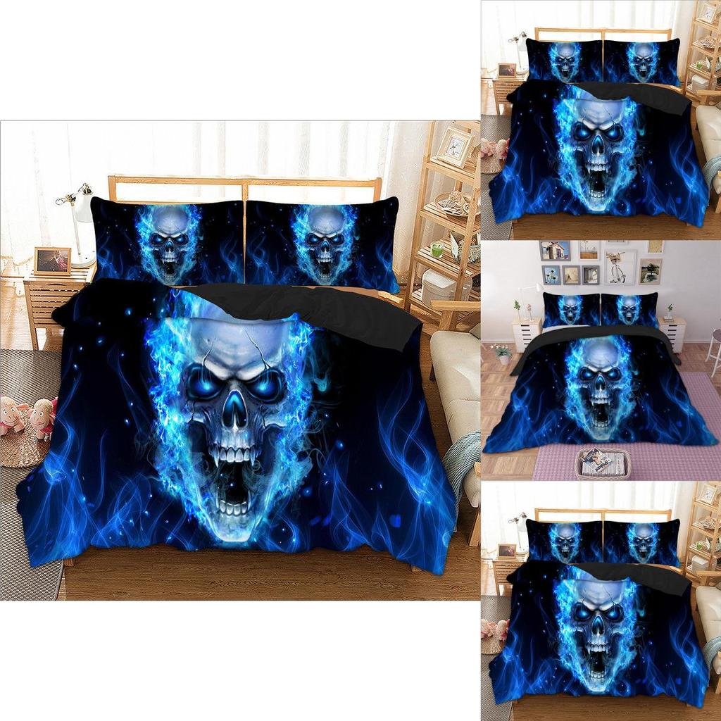 Premium 3d Blue Fire Skull Duvet Cover Pillow Cases Quilt Cover Bedding Set For All Sizes