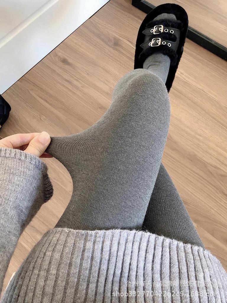 Damen Leggings mit hohem Bund, rauchgrau, dick mit Samt gefüttert: Warme, Schlankmachende Baumwoll-Steigbügeltights für Herbst und Winter
