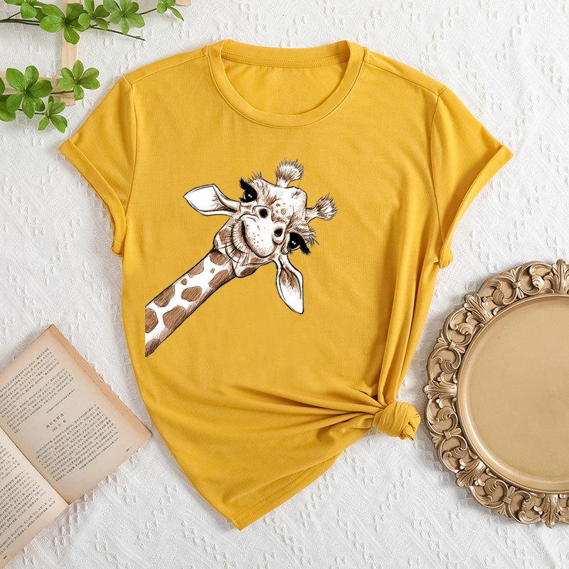 Summer Women's Plus Size Giraffe Print Loose Round Neck Casual Pure Cotton Short Sleeved T-shirts Women's