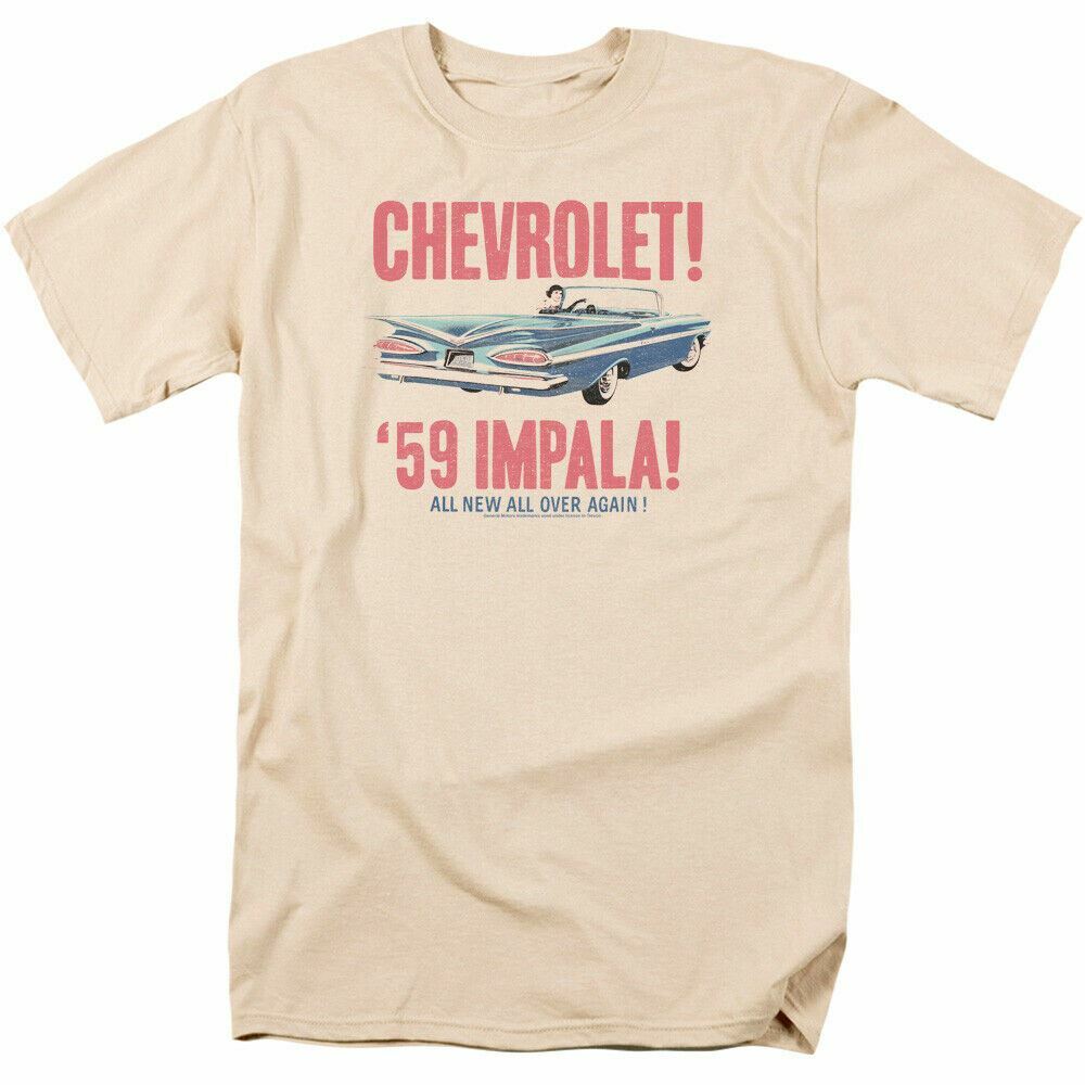 Chevrolet 59 Impala T-shirt Mens Licensed Classic Car Chevy Tee Cream XXXXL