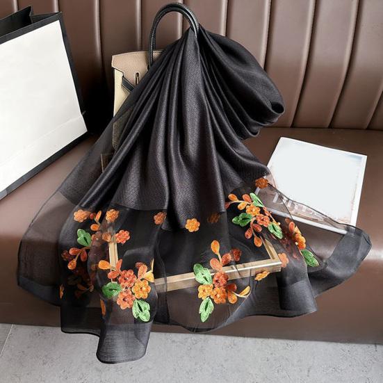 Faux Silk Scarf with Beading Embroidered Crabapple Flower Design Women Versatile Shawl Comfortable Imitation Silk Scarf