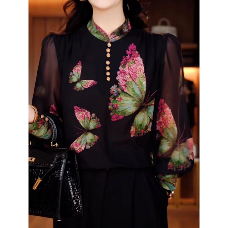 Butterflies Flying Fashion Three-dimensional Printed Western Style Shirt Women's Autumn Stand Long Sleeve Top Versatile