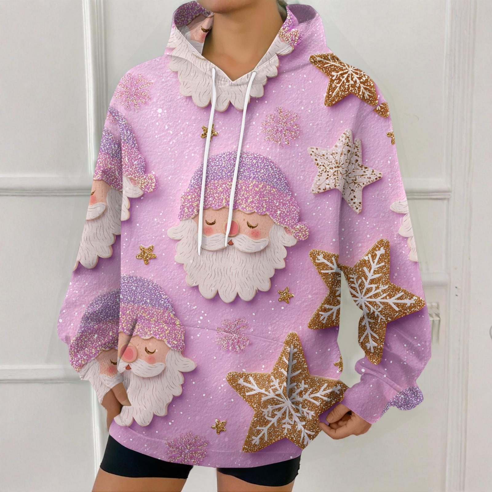 

Женская модная толстовка с рождественским принтом, повседневная толстовка с капюшоном и карманами S розовый