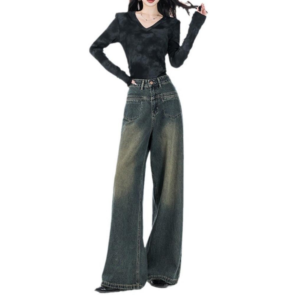 Spring and Autumn New Hong Kong Style Design Sense High Waist Wide Leg Jeans Women's Loose Straight High Mopping Jeans